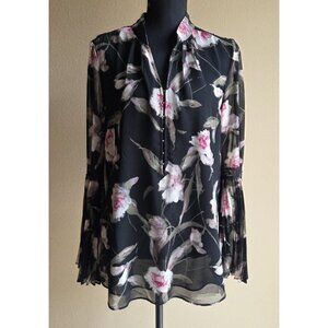 White House Black Market Sheer Floral Blouse | Black & Pink | Elegant + Flowy